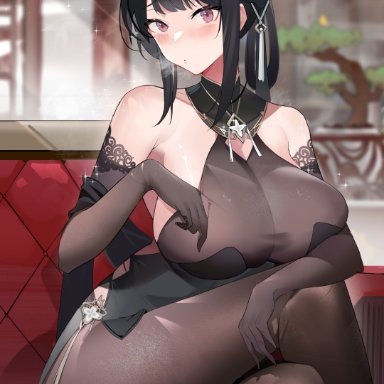 azur lane, chen hai (azur lane), yoyo (550098), big breasts, black legwear, black sleeves, embarrassed, looking at viewer, looking pleasured, thick thighs