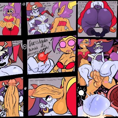 shantae, risky boots, shantae (character), lemonadepikachu, 1futa, 1girls, areolae, balls, big breasts, bottomless, breasts, brown skin, clothed, clothes, clothing