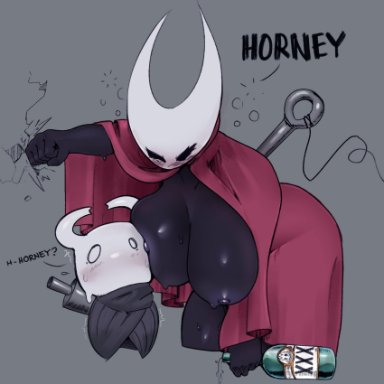 hornet (hollow knight), protagonist (hollow knight), unyin, anthro, big breasts, black body, blush, drunk, huge breasts, larger female