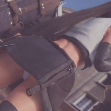 final fantasy, final fantasy vii, final fantasy vii remake, shinra guard, tifa lockhart, lvl3toaster, mizzpeachy, volkor, 1girl, areolae, arm gloves, arms up, ass, ass slap, assisted exposure