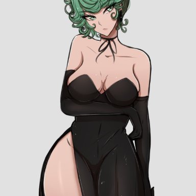 one-punch man, tatsumaki, omiza somi, 1girl, big breasts, black dress, breasts, cleavage, clothed, clothing, dress, gloves, green eyes, green hair, looking at viewer