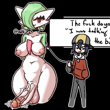 pokemon, ethan (pokemon), gardevoir, vulkinx, 1boy, 1futa, areolae, balls, big breasts, bottom heavy, breasts, clothed, clothing, curvy, erection