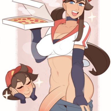 league of legends, pizza delivery sivir, sivir, splashbrush, 1futa, alternate costume, balls, big penis, breasts, erection, futa only, futanari, penis, solo, testicles