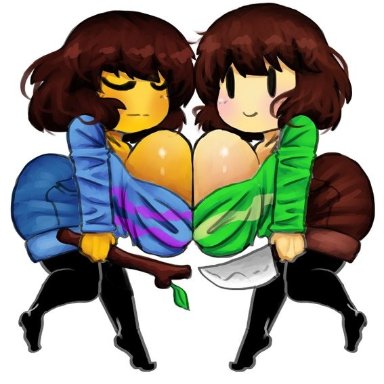 undertale, chara, frisk, whitewo1f, big ass, big breasts, blush, knife, pressing breasts together, shortstack, smiling, stick, thighhighs, together