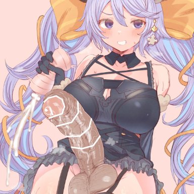 granblue fantasy, satyr (granblue fantasy), makabe gorou, 1futa, animal ears, artificial vagina, balls, balls on leg, ballsack, bare shoulders, beige background, big balls, big breasts, black dress, black gloves