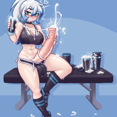 frosty (sharky), limebreaker, 1futa, abs, animal genitalia, balls, big balls, big breasts, breasts, clothed, clothing, cum, cum in container, ejaculation, erection