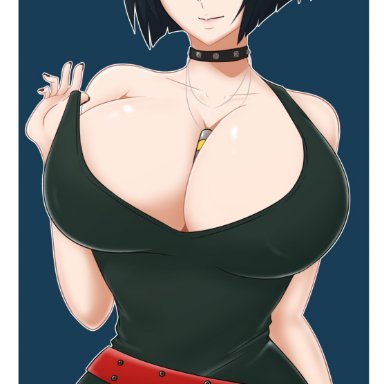 atlus, persona, persona 5, tae takemi, axel persona, 1girl, belt, big breasts, black nails, blue hair, breasts, brown eyes, choker, curvy, dress