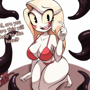 hazbin hotel, skylight (artist), big breasts, bikini, breasts, cute, demon girl, humanoid, long hair, looking at viewer, nervous, nervous smile, smile, solo female, tentacle