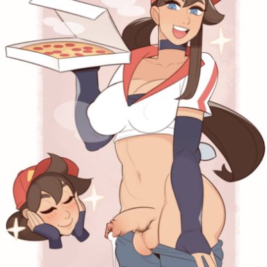 league of legends, pizza delivery sivir, sivir, hyperfapper (editor), splashbrush, 1futa, alternate costume, balls, big breasts, breasts, brown hair, clothed, clothing, cum drip, dripping