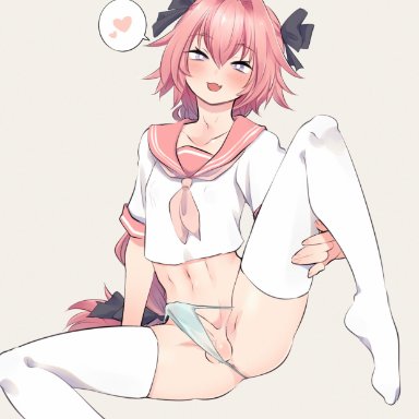 fate/grand order, fate (series), astolfo (fate), niwa827, 1boy, 5 fingers, anus, ass, balls, barely visible anus, blush, clothing, collarbone, erection, erection under clothes