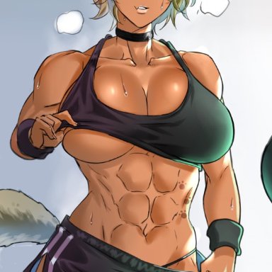 abs, blonde hair, breath clouds, cat ears, cat tail, dark-skinned female, exercise clothing, leg band, muscular female, purple eyes, sweating, tattoo, thong strap, tomboy, workout clothes