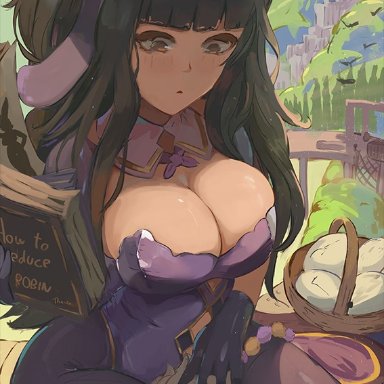 fire emblem, fire emblem: awakening, fire emblem heroes, nintendo, robin (fire emblem), robin (fire emblem) (male), tharja, tharja (fire emblem), miraihikari, 1boy, 1girl, alternate costume, animal ears, bangs, basket