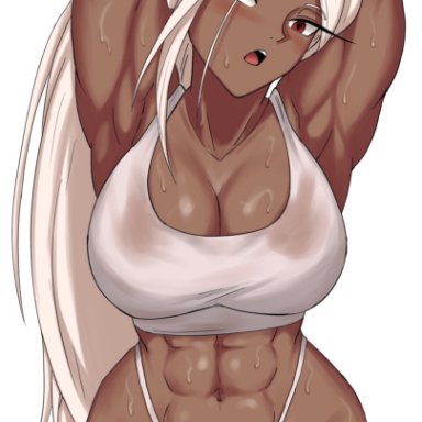 my hero academia, miruko, rumi usagiyama, shadertoons, 1girls, abs, animal ears, arms up, bangs, blush, breasts, bunny ears, dark-skinned female, dark skin, female