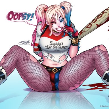 dc, dc comics, suicide squad, harley quinn, artist request, darwin nunez, ass visible through thighs, baseball bat, bat, big ass, big breasts, blonde hair, blood, blood drip, blood stain