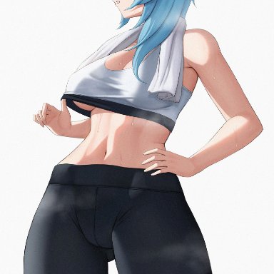 genshin impact, eula (genshin impact), sp123, 1girl, blue hair, blush, breasts, female, female only, gym clothes, hand on hip, leggings, midriff, navel, sports bra