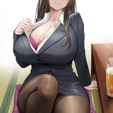 original, original character, oekakizuki, 1girls, alcohol, beer, blue eyes, blush, bra, bra peek, breasts, brown hair, business casual, business dress, business woman