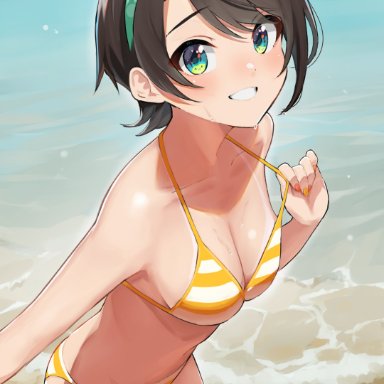 hololive, oozora subaru, takita (takita3411), bangs, bare shoulders, beach, bikini, bikini tan, black hair, blue sky, blurry, blurry background, breasts, collarbone, day