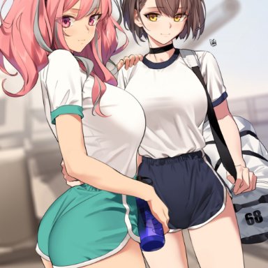 azur lane, baltimore (azur lane), bremerton (azur lane), yd (orange maru), 2girls, alternate costume, ass, bangs, big ass, big breasts, blush, breasts, brown hair, dolphin shorts, large breasts