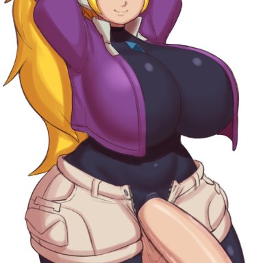 jazz (oc), original character, gray impact, 1futa, arms behind head, arms up, balls, blonde hair, blue eyes, bodysuit, breasts, clothed, clothing, erection, futa only