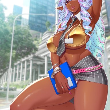 original, original character, tatsunami youtoku, 1female, 1girl, armpits, belt, belt buckle, belt skirt, bikini, blurry background, bracelet, breasts, buildings, busty