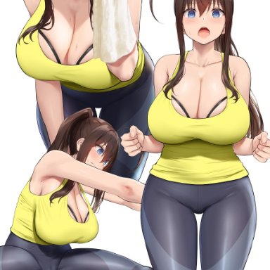 original, original character, oekakizuki, 1girls, ahoge, blue eyes, blush, breasts, brown hair, cleavage, female, female only, hips, huge breasts, long hair