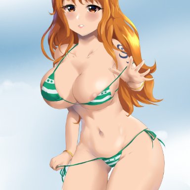 one piece, nami, leonart, 1girls, big breasts, bikini, breasts, eye contact, female, long hair, looking at viewer, orange hair, solo, standing, thick thighs