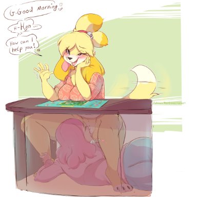 animal crossing, nintendo, isabelle (animal crossing), rainbowscreen, anthro, blush, bottomless, breasts, canid, canine, canis, closed eyes, clothed, clothing, crouching