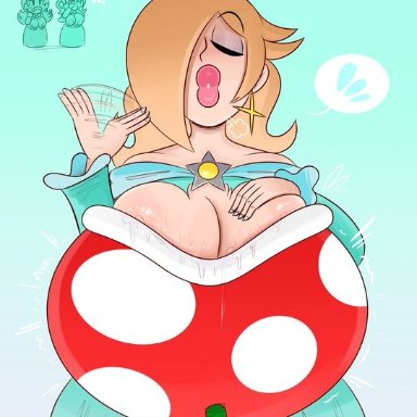 mario (series), nintendo, super mario bros., super mario galaxy, piranha plant, princess daisy, princess peach, princess rosalina, ota (artist), !!!, 1girls, 3girls, big breasts, blue background, blue gown