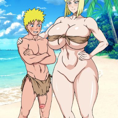 naruto, naruto (series), naruto shippuden, samui, uzumaki naruto, naruho, 1boy, 1boy1girl, 1girls, bare shoulders, beach, before sex, blonde hair, blue eyes, breasts