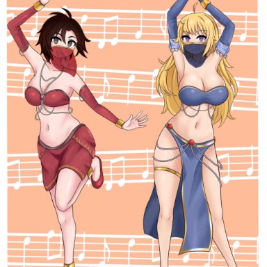 rwby, ruby rose, yang xiao long, the only shoe, 2girls, belly dancer, belly dancer outfit, blonde hair, cleavage, dancer, dancer outfit, detached sleeves, harem, harem girl, harem outfit