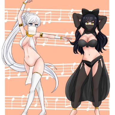 rwby, blake belladonna, weiss schnee, the only shoe, 2girls, barefoot, black hair, bow, cleavage, harem outfit, hypnosis, hypnotic music, long hair, mind control, navel