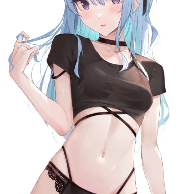 hololive, hoshimachi suisei, 1girls, bare arms, bare legs, bare midriff, bare thighs, belly button, blue hair, bracelet, choker, female, female focus, female only, lace-trimmed panties