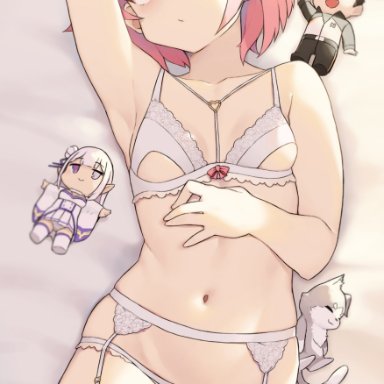 emilia (re:zero), natsuki subaru, puck (re:zero), ram (re:zero), rem (re:zero), cloba, arm up, armpit, armpits, belly button, blurry, bow, bow panties, bra, breasts