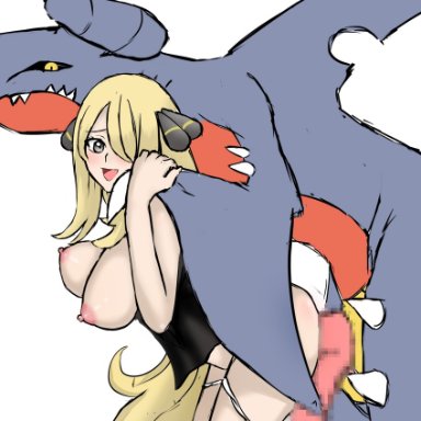 game freak, nintendo, pokemon, pokemon (game), cynthia (pokemon), garchomp, pokemon (species), nivi, 1girl, blonde hair, breasts, breasts out, clothed, clothing, double penis