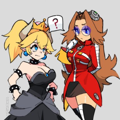 mario (series), new super mario bros. u deluxe, nintendo, sega, sonic (series), sonic the hedgehog (series), bowsette, dr eggman, dr robotnik, eggma'am, ciosuii, 2girls, big breasts, blue-tinted eyewear, blue eyes