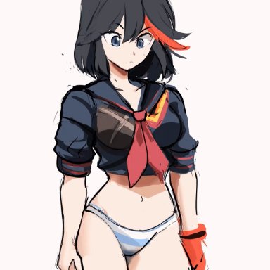 kill la kill, matoi ryuuko, rakeemspoon, 1girls, bikini, black hair, blinking, blue eyes, bouncing breasts, breasts, lifted shirt, navel, simple background, solo, solo female