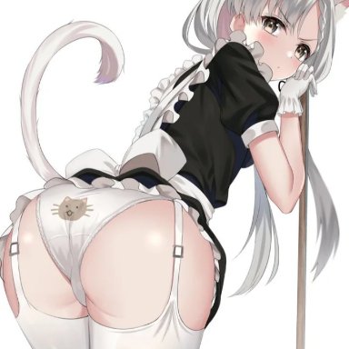 :&lt;, angry, cat ears, cat girl, cat humanoid, cat panties, cat tail, catgirl, catgirls, heart, holding pole, lingerie, looking at viewer, looking back, maid