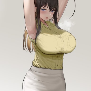 original, original character, oekakizuki, 1girls, ahoge, armpit fetish, armpits, arms behind head, arms up, blue eyes, blush, breasts, brown hair, clothed, clothed female