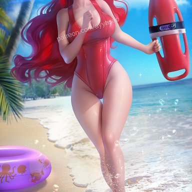 baywatch, disney, disney princess, the little mermaid, ariel, baywatch (cosplay), ayyasap, beach, blue eyes, cleavage, cosplay, crab, large breasts, long hair, one-piece swimsuit