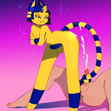 animal crossing, ankha ride (minus8), nintendo, ankha, somik, 2boys, 3 toes, anklet, anthro, anus, armor, ass, balls, bedroom eyes, bent over