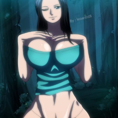 one piece, nico robin, leoartist8, 1girls, black hair, glasses, looking at viewer, solo female, wink, tagme