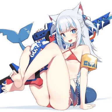 hololive, hololive english, youtube, youtuber, gawr gura, cloba, 1girls, alternate costume, alternate outfit, animal ear fluff, animal ears, ass, bangs, bare shoulders, barefoot