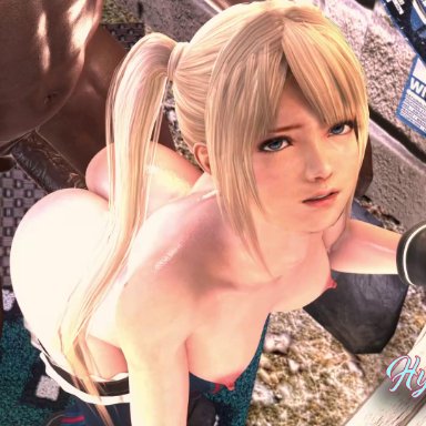 dead or alive, marie rose, hypnorekt, 1boy, 1girls, against wall, ambiguous penetration, areolae, ass, blonde hair, blue eyes, breasts, dark-skinned male, female, gloves