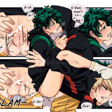 my hero academia, izuku midoriya, katsuki bakugou, 2boys, anal, anal sex, bodily fluids, carrying partner, clothing, cum, cum in ass, gay, genitals, green hair, male