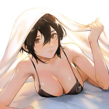 attack on titan, shingeki no kyojin, mikasa ackerman, cakee, 1girls, asian, bed, bedroom, big breasts, black bra, black eyes, black hair, blanket, bra, breasts