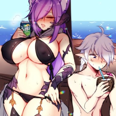 alphinaud leveilleur, kuro (foxykuro), dirtykuro, foxykuro, beach, big boobs, big breast, big breasts, bigger female, bikini, black bikini, black swimsuit, black swimwear, blue eyes, blush