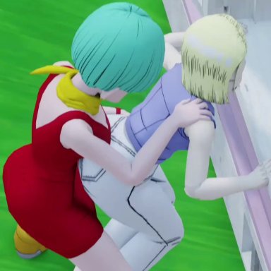 dragon ball, dragon ball z, android 18, bulma briefs, kishi, 2girls, big ass, humping, pounding, yuri, 3d, animated, video