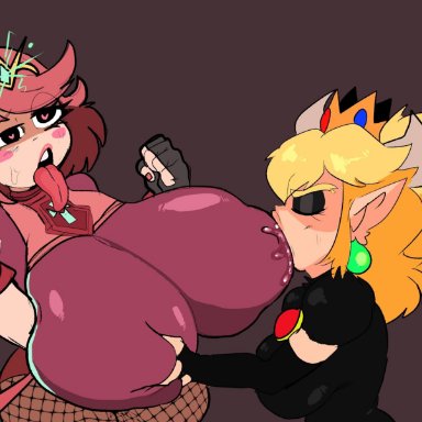 mario (series), new super mario bros. u deluxe, nintendo, xenoblade (series), xenoblade chronicles 2, bowsette, pyra, lemonadepikachu, 2girls, ahe gao, black dress, blush, bodysuit, bottomwear, breast grab