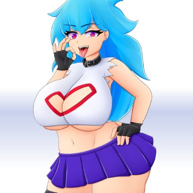 friday night funkin, sky (friday night funkin), skyblue, depthsofmind, 1girls, alternate breast size, armpits, ass, big breasts, blue hair, choker, cleavage, clothed, clothing, fellatio gesture