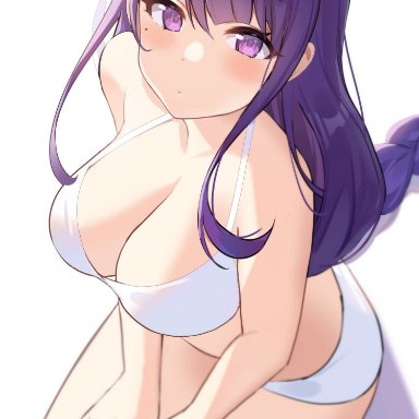 genshin impact, raiden shogun, ponya, 1girls, blush, cleavage, kneeling, large breasts, long hair, purple hair, solo, underwear